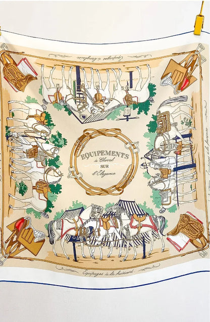 100% Mulberry Silk Square Scarf Vintage Equestrian Horse Saddle Print Bandana Unisex Neck Head Wrap Office Travel Holiday Gift