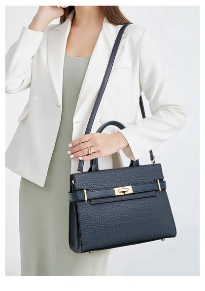 Genuine Leather Cowhide Women's HandbagConvertible for Crossbody & Shoulder Carry, with Silk Scarf, Crocodile Pattern Tote Bag