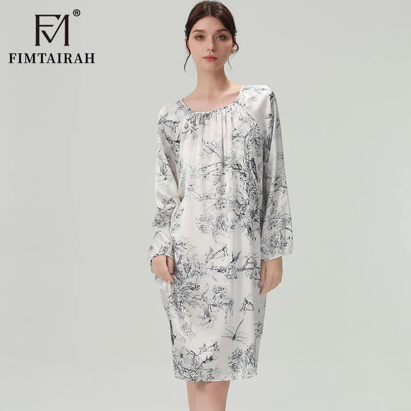 FIMTAIRAH 6A 19MM Silk Nightgown, long pajamas, long-sleeved silk high-end round-neck home wear Dress Night