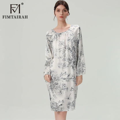 FIMTAIRAH 6A 19MM Silk Nightgown, long pajamas, long-sleeved silk high-end round-neck home wear Dress Night