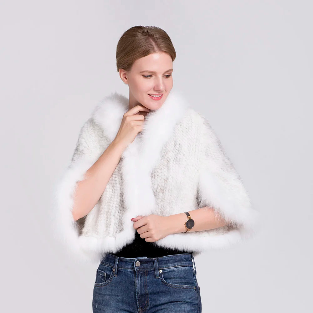Ms.MinShu-Natural Mink Fur Poncho for Women, Trimmed Mink Fur Coat, Fox Fur Collar, Sleeveless, Woven Jacket, Outwear
