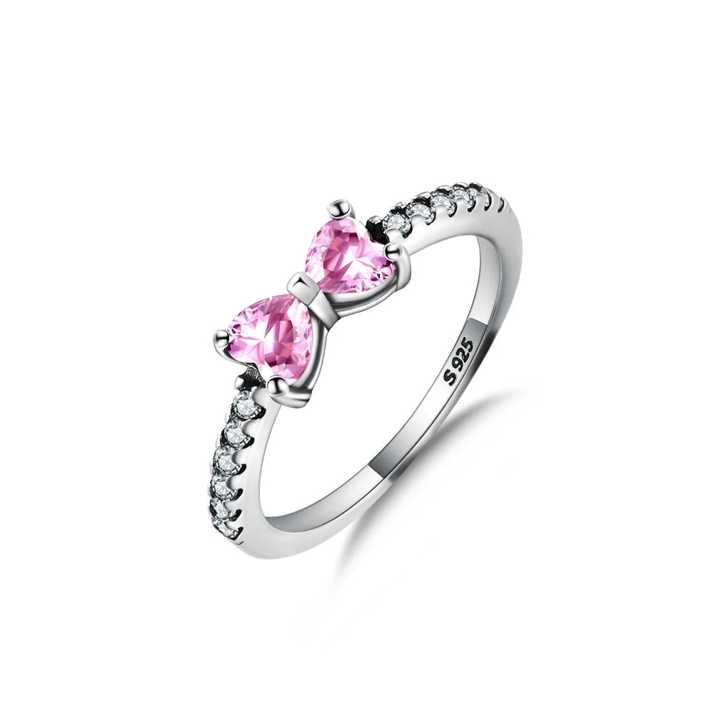 Silver Plated Pink Heart Bow Ring With CZ Accents Perfect Romantic Gift For Women Fashion Jewelry