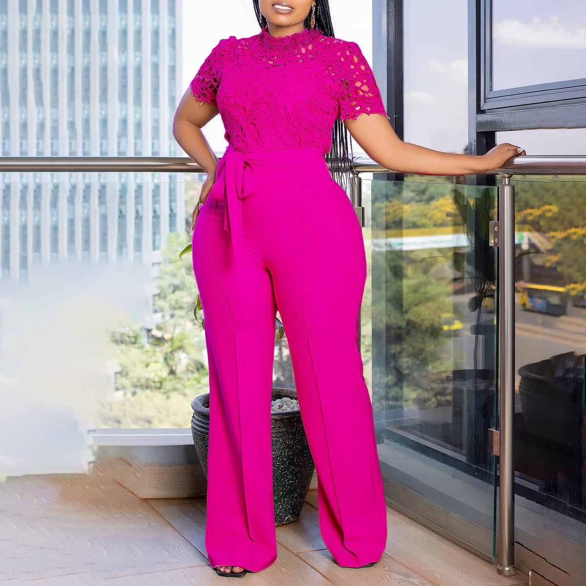 Elegant Jumpsuits & Rompers for Women O Neck Lace Patchwork Short Sleeve Sashes High Waisted Luxury Birthday Party Dinner Outfit