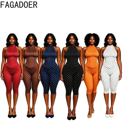 FAGADOER Cute Polka Dot Bodycon Rompers Hot Girl Streetwear Lace Up Bandage Corset Halter Jumpsuits Summer Night Club Playsuits