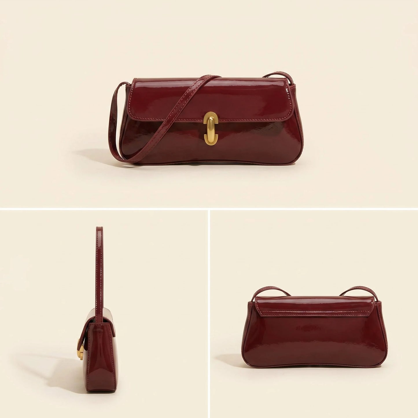 Fashion ladies shiny crossbody bag stylish elegant shoulder bag wine red small underarm bag versatile solid color clutch bag
