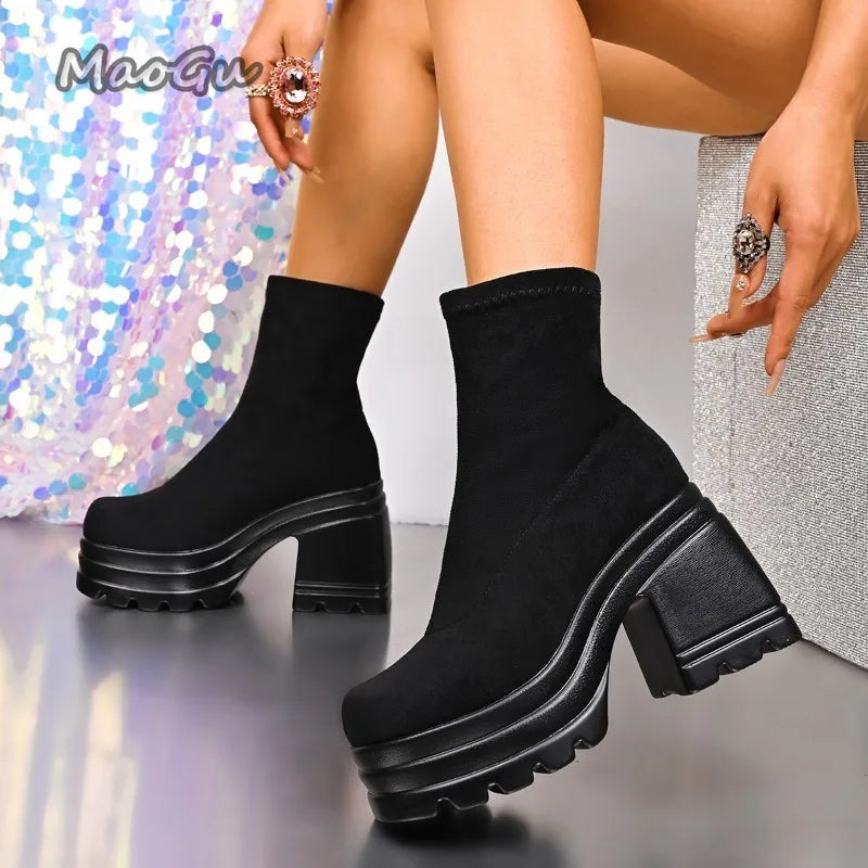 Short/Long Suede Leather Black Boots for Women Chunky High Heel Knee-High Boots Wedges Women's Fashion Shoes Size 35 Botas Mujer