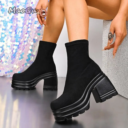 Short/Long Suede Leather Black Boots for Women Chunky High Heel Knee-High Boots Wedges Women's Fashion Shoes Size 35 Botas Mujer