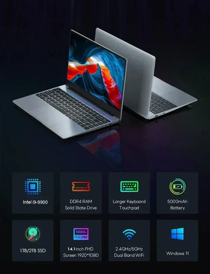 2026 14.1' Ultra Slim Laptop Intel Core I9-9900 16GB RAM 1/2TB SSD Windows 11 Fingerprint Unlock Office Game Backlight Laptop