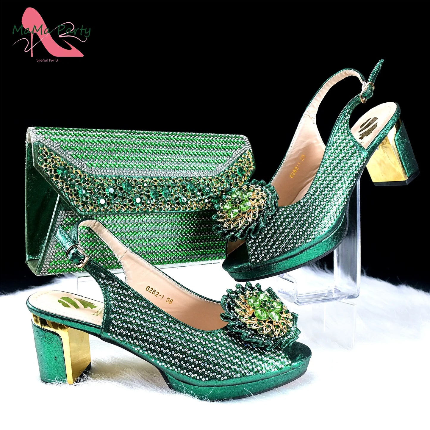 Mature Italian Women Shoes Matching Bag Set in Green Color 7 CM Comfortable Heels with Plaform Elegant Peep Toe Sandals
