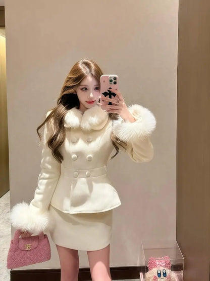 Winter French Elegant Women's Sets Korean Fashion Vintage Design 2 Piece Set Slimming Fur Collar Suits Chic Outfit Woman Clothes