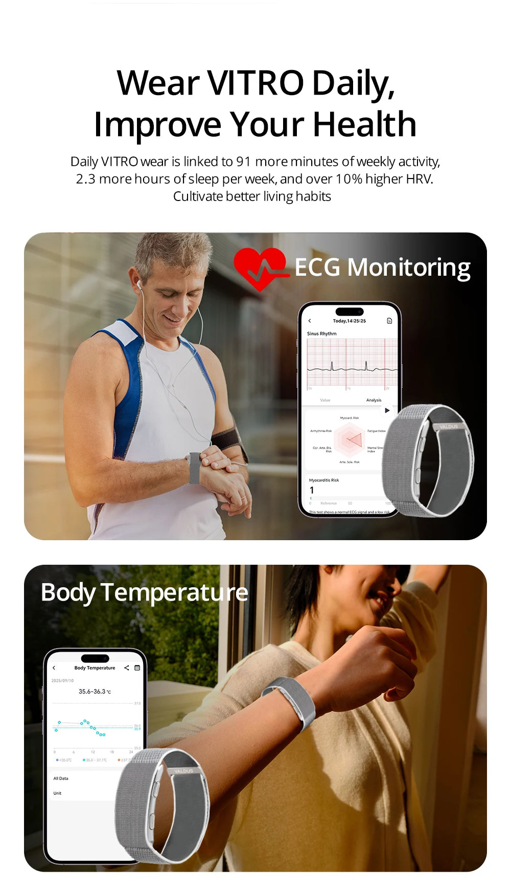 VALDUS VITRO ECG Smart Bracelet Heart Rate Blood Pressure Waterproof Long Battery Life Fitness SOS 2026 New NO Screen Smartwatch