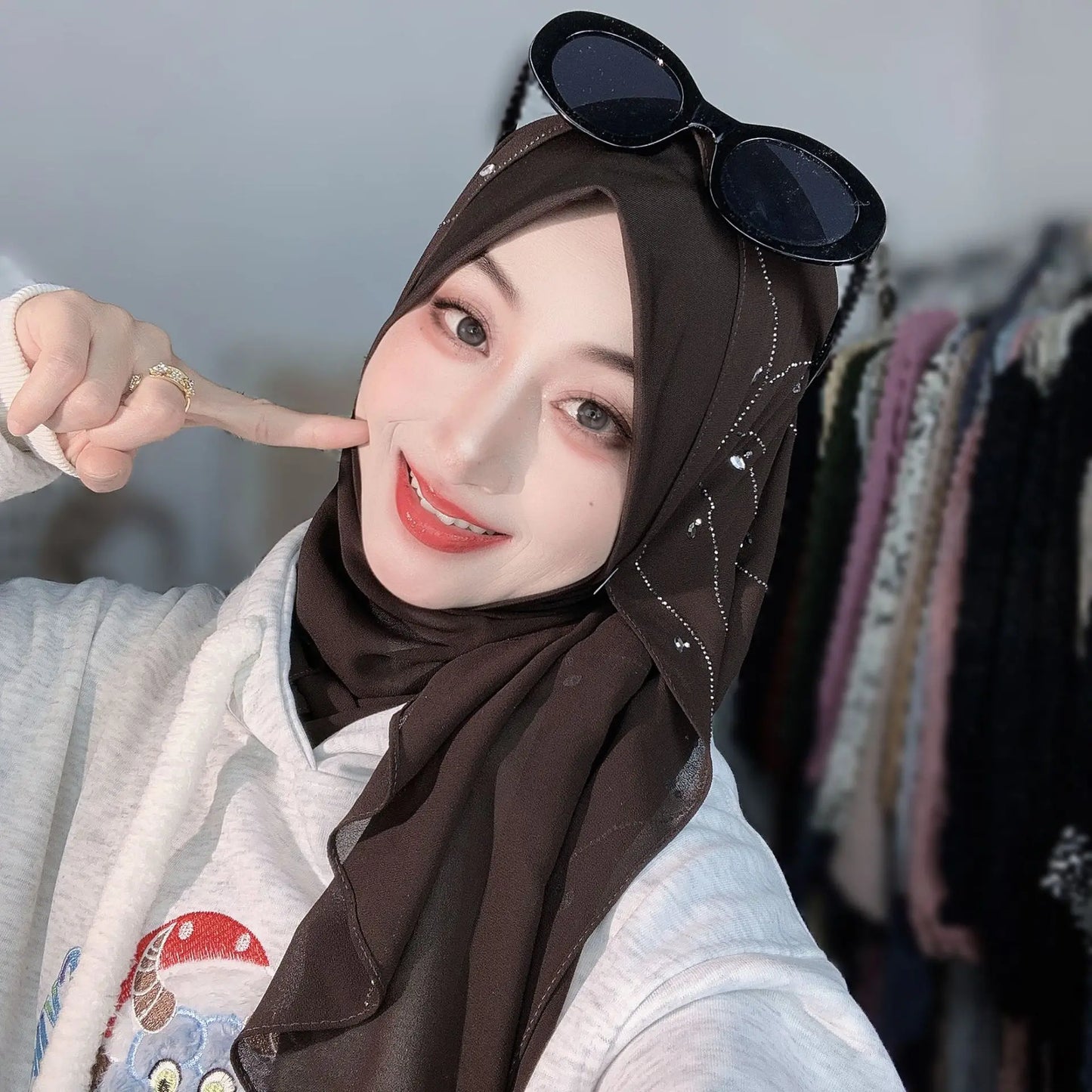 Malay Solid Chiffon Turban Head Scarf for Women, Irregular Rhinestone Hotfix Wrapped L-Edge Pull-On Scarf,Soft Muslim Hijab Wrap
