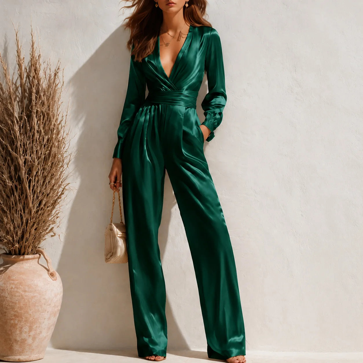 Satin Full Long Jumpsuit Women Patchwork Deep V-Neck Full Sleeve Elegant Skinny Office Classic Overalls Lady One-Piece Rompers