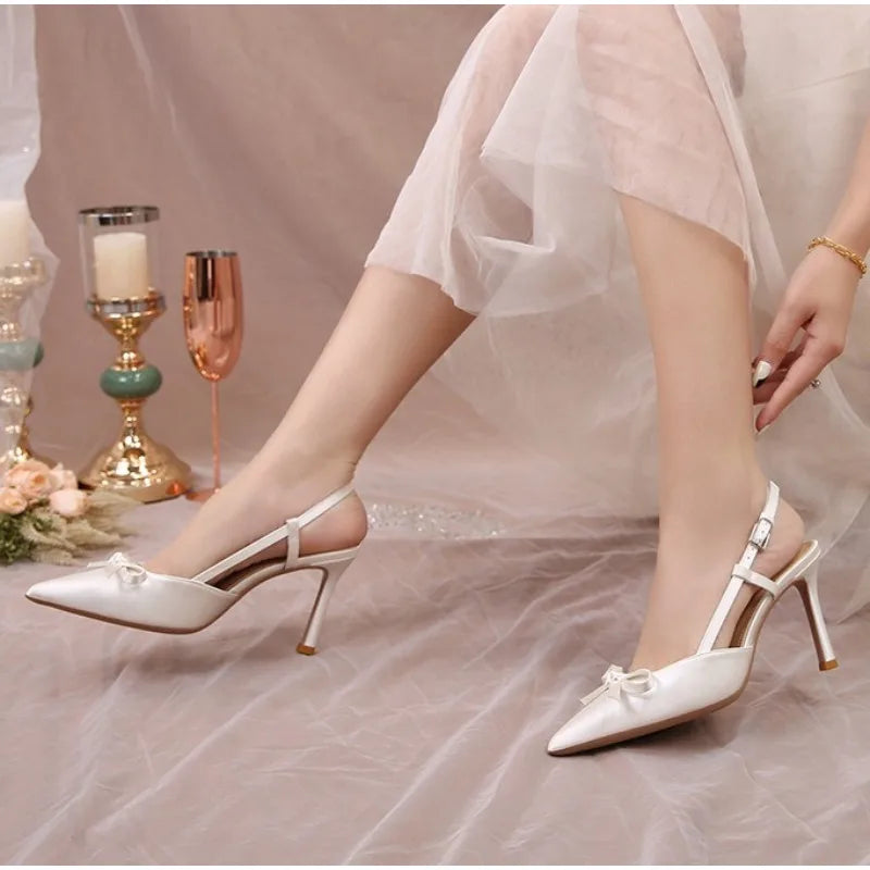 Women Pumps White Wedding Shoes Bride Luxury Satin Butterfly-knot Pointed Toe Adjustable Slingback Heels Elegant Women Heels