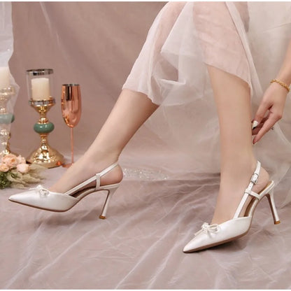 Women Pumps White Wedding Shoes Bride Luxury Satin Butterfly-knot Pointed Toe Adjustable Slingback Heels Elegant Women Heels