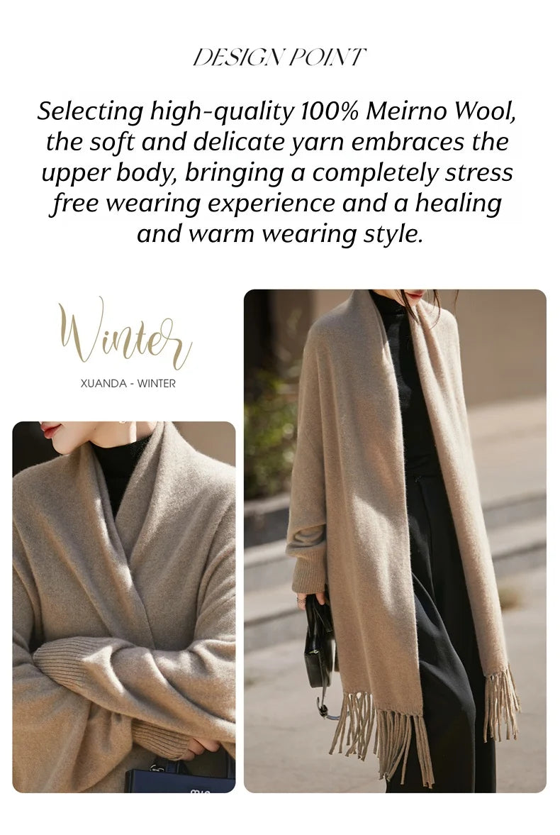 Light Luxury Autumn Winter Woman Shawl Elegant Female 100% Merino Wool Knitwear New Fashion Ladies Tassel Scarf Solid Jersey