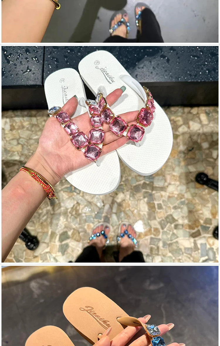 Square Rhinestone Flip-Flops Popular in Ins Summer Blingbling Star Street Shooting Slope Heel Slippers Women Flat Beach Slippers