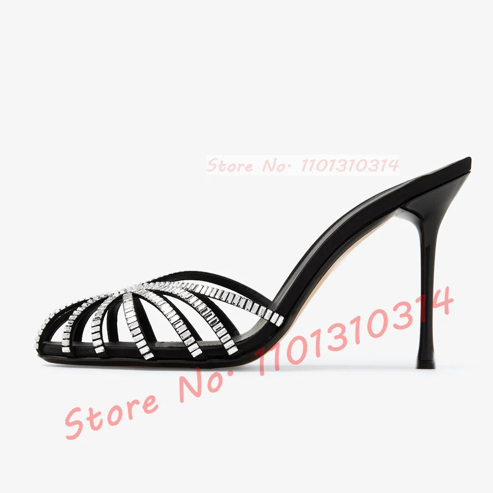 Gemstone High Heel Silk Slippers Women Luxury Caged Stiletto Heels Metallic Slippers Ladies Stylish Cross Strap Summer Shoes