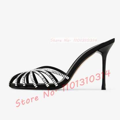 Gemstone High Heel Silk Slippers Women Luxury Caged Stiletto Heels Metallic Slippers Ladies Stylish Cross Strap Summer Shoes