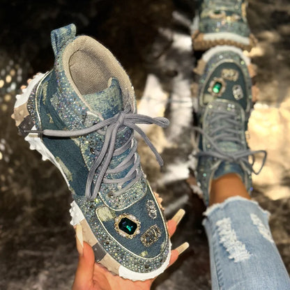 Women Rhinestone Casual Luxury Sneakers Diamond High-Top Designer Boots Thick Bottom Shoes Female Tennis Outdoors Walking Shoes