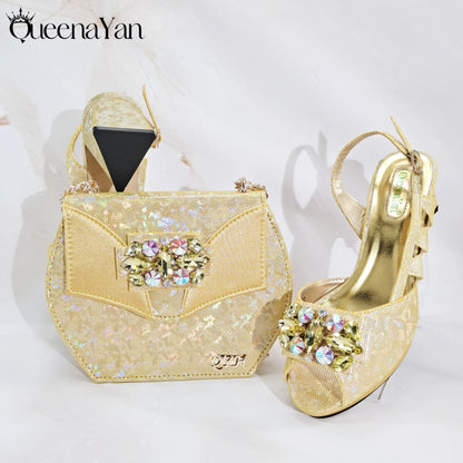 Queena Yan New Arrival  Special Synthetic Fabrics Design Teal Color Women's Matching Shoe and Bag Set  for Weddings and Parties