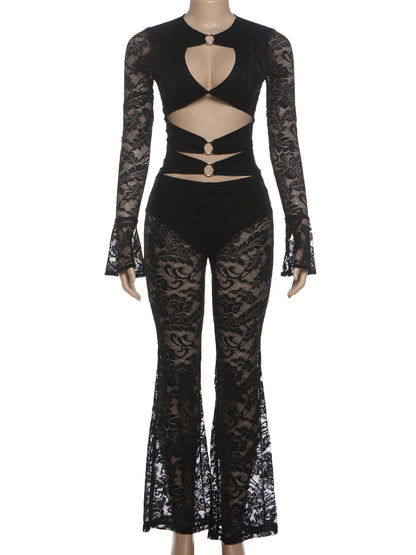 Nibber See Through Jumpsuits Woman Metal Rings Patchwork Hollow Design Sexy Full Sleeve Midnight Club Party Wild Style Overalls