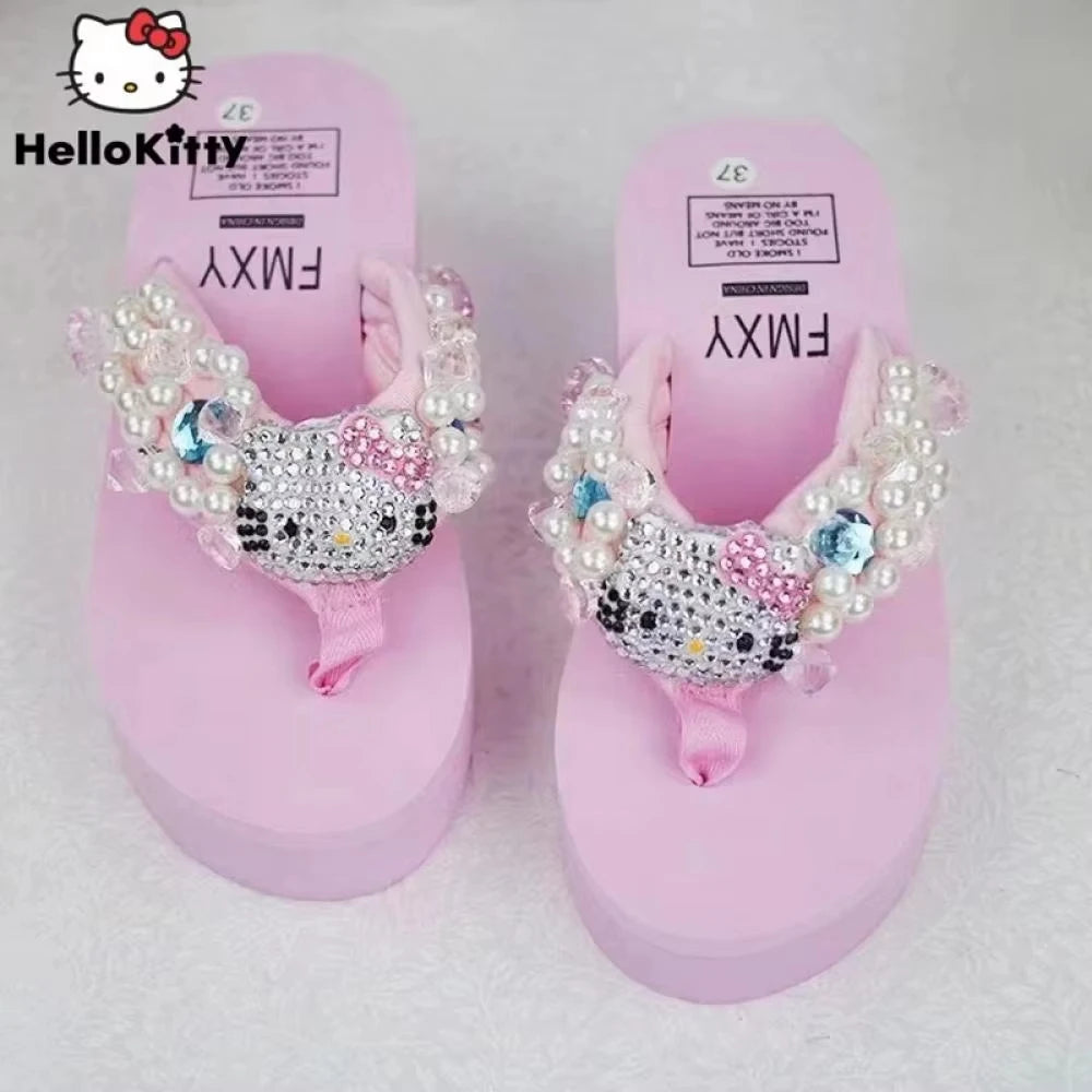 Sanrio Hello Kitty Y2K Soft Flip Flop Sandals Beach Slides Shoes Women Casual Wedge High Heels Platform for Slippers Ladies Gift