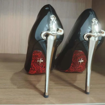 8CM-10CM Fashion Womens High Heel High Quality Metal Scepter Stiletto Pointed Leather Women Shoes Premium Single Shoes for Women