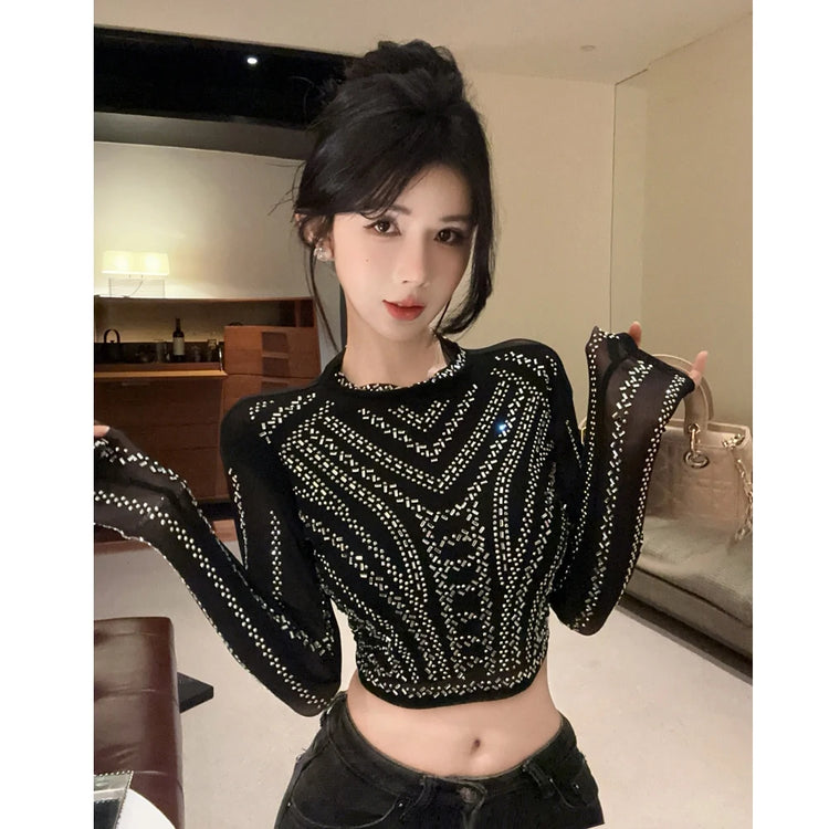 Heavy Duty Rhinestone Short Crop Mesh Long Sleeve T-Shirt round Neck Overhead Slimming Top for Young Women Daily Wear