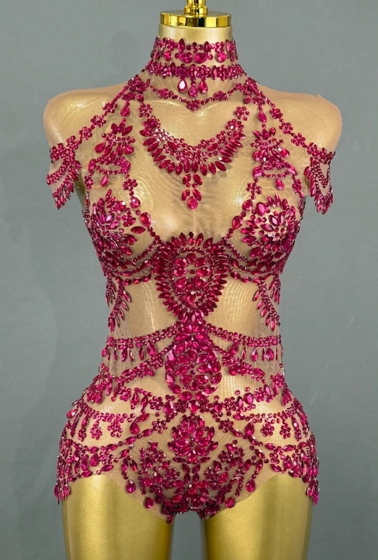 Sparkly Rhinestones Bodysuit for Women Sexy Mesh Transparent Performance Dance Costume Singer Dancer Show Stage Wear