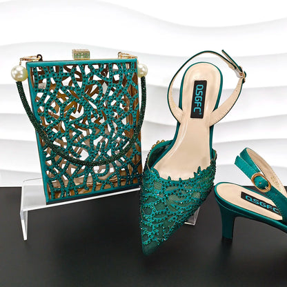 Nigerian Style Elegant Women's Party Shoes  Luxury Full of Diamonds Shoes Sky Blue Pointed High Heel Shoe Bag Set