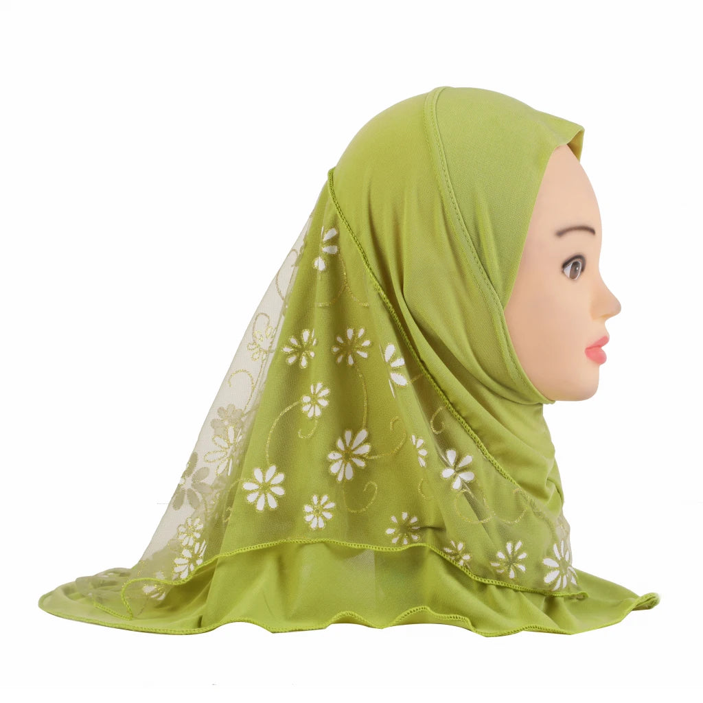 H043 beautiful small girl hijab with flower net cute hijab hats women's caps can fit 2-6 years old girls muslim baby headscarf
