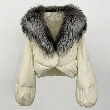 Winter Female White Duck Down Jacket Luxury Loose Short Fashion Casual Women Warm Real Fox Fur Coat Long Sleeve Puffer Jacket