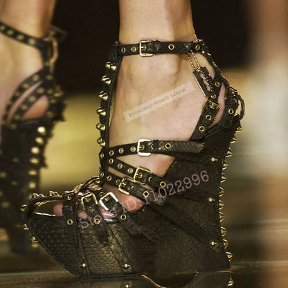 Rivet Stud Platform Sandals New Style Round Toe Buckle Straps Hollow Wedges High Heels Ladies Summer Sexy Shoes Customized Shoes