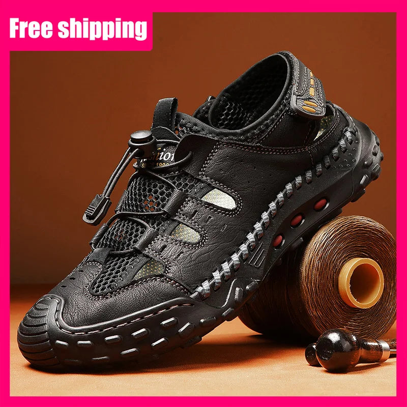 Men Sandals Comfortable Refreshing Mesh Hollow Beach Shoes Summer New Anti Slip Thick Bottom Bag Toe Casual Sandals for Teen