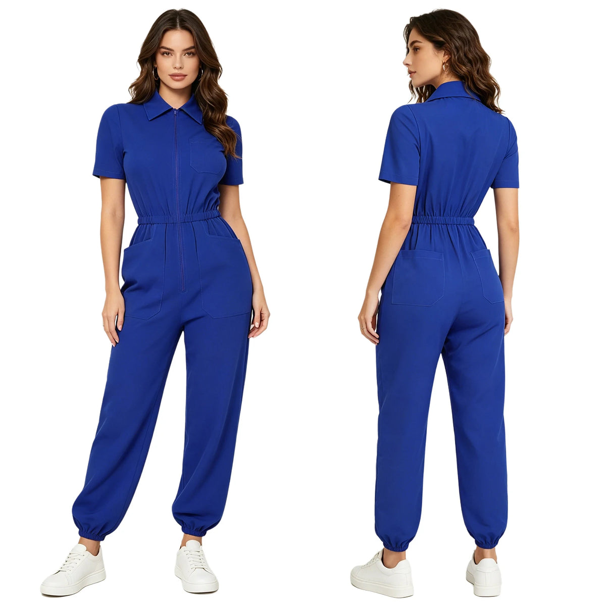 Womens Scrubs Jumpsuit Soft Stretch Medical Scrub Set with Pockets Front Zipper Elastic Waist Jogger Pants Nurse Doctor Workwear