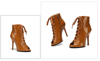 Women Sexy Thin High Heel Dance Shoes Party Ballroom Pole Jazz Lace Up Platform Dancing Boots Short Tube Heels 8.5/9.5CM Booties