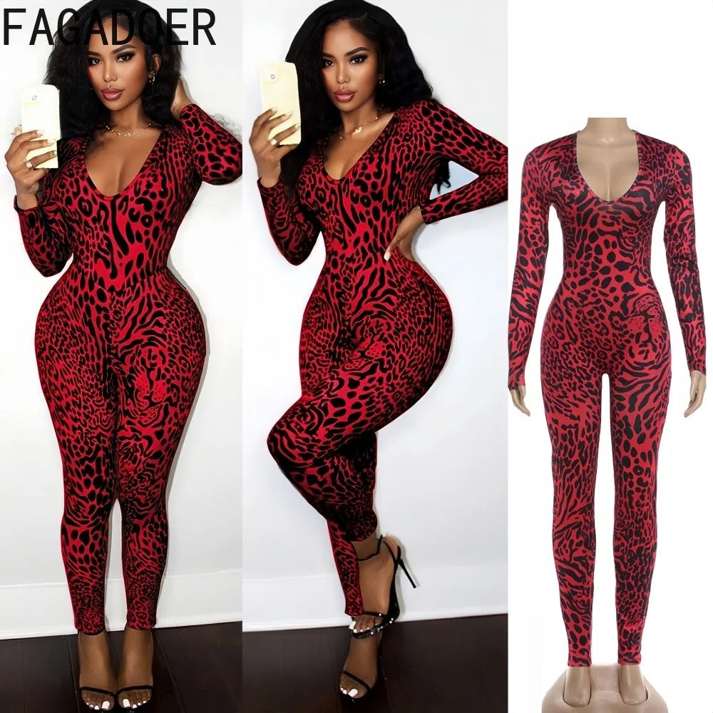 FAGADOER Fashion Leopard Printting Patchwork Bodycon Jumpsuits Woman Low-cut Long Sleeves Rompers Female Streetwear Overalls New