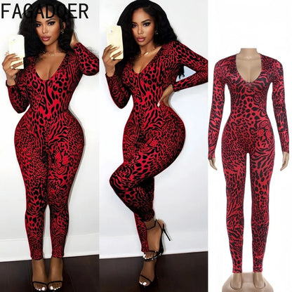 FAGADOER Fashion Leopard Printting Patchwork Bodycon Jumpsuits Woman Low-cut Long Sleeves Rompers Female Streetwear Overalls New