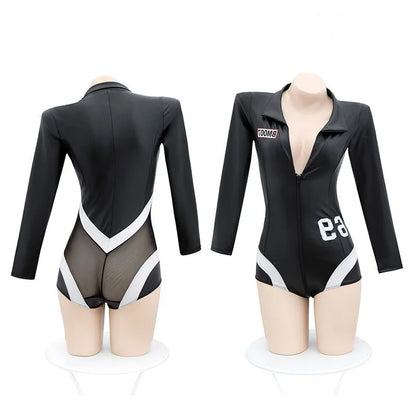Womens Sexy Biker Racing Uniform Erotic Lingerie Leather Catsuit Sexy Shorts Bodysuits For Women Black Jumpsuits Female Bodysuit