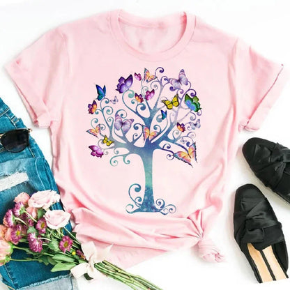 New Fashion Women T-shirt Colorful Butterfly Petal Print Short Sleeve and Round Neck Cute Graphic Tee Shirts Female Tops Clothin