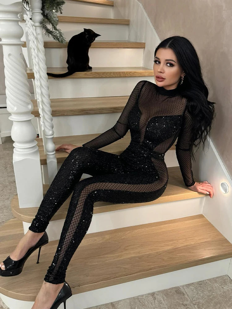 Mesh Patchwork Jumpsuits For Women Fashion Sexy Club Sequined Long Sleeves O-Neck Slim Fit See Through Romper Female Streetwear