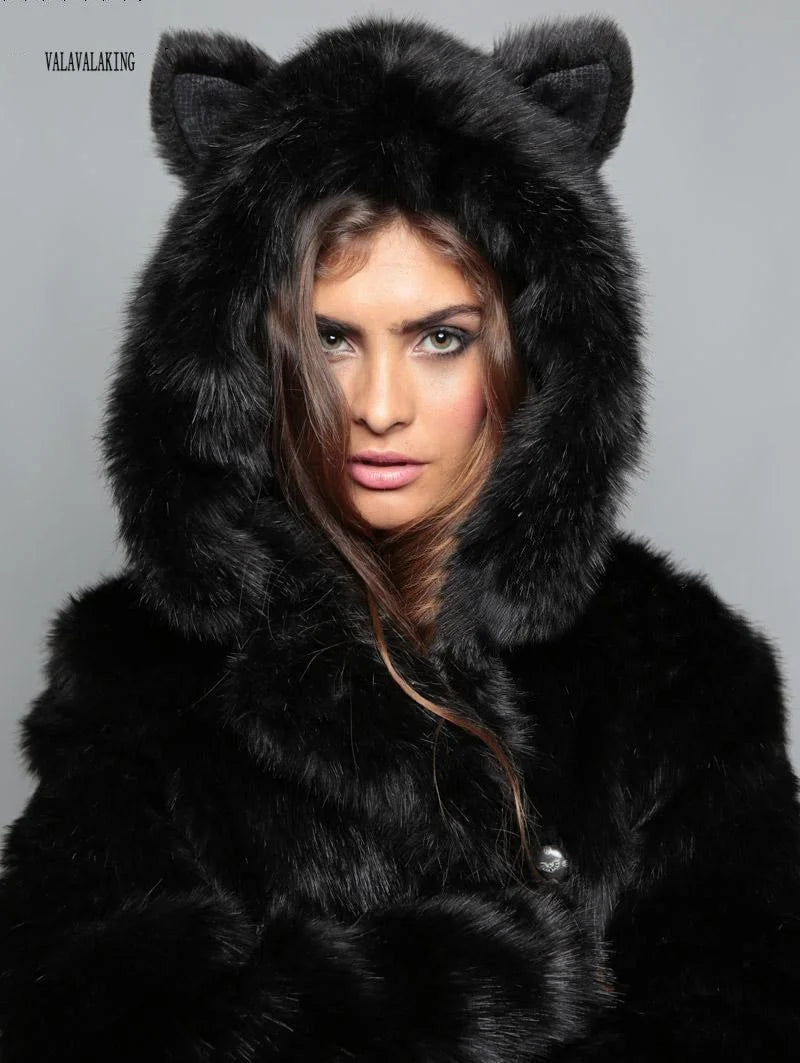 2026 Women Winter Furry Small Size Faux Fur Coat Female Hooded Long Sleeve Plush Jacket Lady Thick Fake Fur Warm Fluffy Outwear