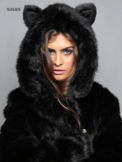 2026 Women Winter Furry Small Size Faux Fur Coat Female Hooded Long Sleeve Plush Jacket Lady Thick Fake Fur Warm Fluffy Outwear