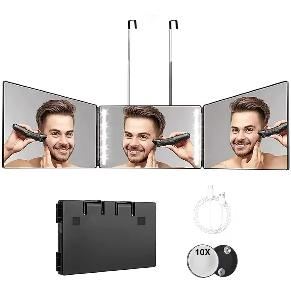 Travel Portable 360° Trifold Vanity Makeup Mirror with Height Adjustable Telescoping Hook for Hair Self Cutting, Shaving, Gifts