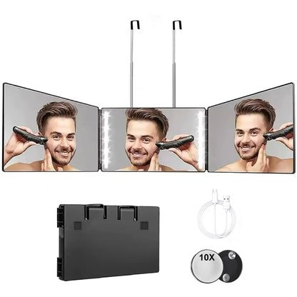 Travel Portable 360° Trifold Vanity Makeup Mirror with Height Adjustable Telescoping Hook for Hair Self Cutting, Shaving, Gifts