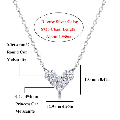 EWYA 3-Stone Round Cut Full Moissanite Pendant Necklace Heart Shape for Woman 925 Silver Certified Lab Diamond Lucky Neck Chain