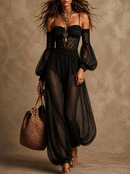 Solid Women Lace Jumpsuits For Summer Autumn Long Sleeve Slash Neck Loose Fashion Streetwear Overalls Pants Trousers 2026