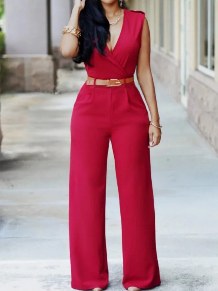 Business Formal Jumpsuit Work Wear Women Romper Elegant Long Deep V Neck Sleeveless High Waist Wrap Jumpsuits Fashion Streetwear