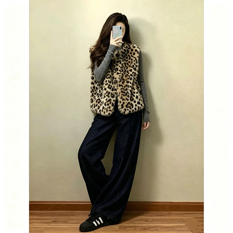Faux Fur Y2K Leopard Vest Women Loose Vintage Winter Warm O Neck Streetwear Vests Casual Harajuku American Retro Lady Vest Coat